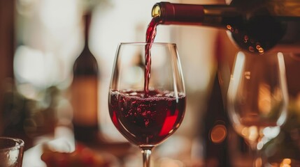 Red wine being poured in to wine glass with blurred background - obrazy, fototapety, plakaty