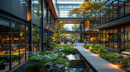 Urban design building with a central pond, surrounded by windows and greenery