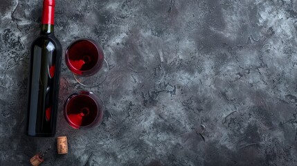 Red wine glasses and bottle on stone background. Top view with copy space - obrazy, fototapety, plakaty