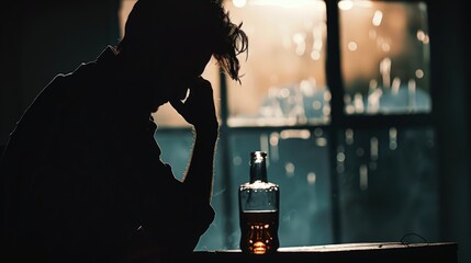 Silhouette of an alcoholic in despair
