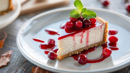 Slice of plain cheesecake with cranberry sauce on white plate decorated with mint leaf. Closeup view - obrazy, fototapety, plakaty