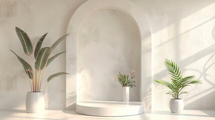 Realistic 3d render with podium, plant, flower, window, light for Ramadan or Eid sale offer and promotion empty display abstract background - generative ai