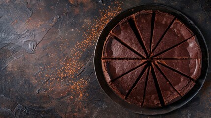 Fototapeta na wymiar Sliced chocolate tort on dark background, overhead view
