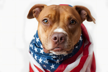 Patriot dog wearing a US flag scarf isolated on white transparent, USA presidential election, PNG - obrazy, fototapety, plakaty