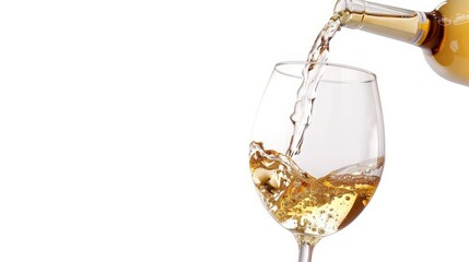 White wine being poured into a wineglass, isolated on white background