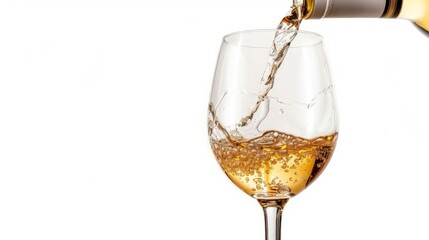 White wine being poured into a wineglass, isolated on white background