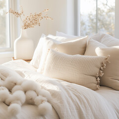Fototapeta na wymiar photo zoomed in on bed pillows, neutrals aesthetic, bedroom details, interior photography