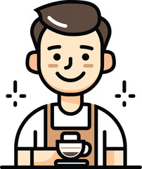 Coffee Business Concept. Boy is barista making coffee and serving of hot coffee on white background. Line style, vector illustrations.