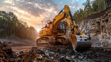 Heavy duty construction bulldozer clearing forest for new construction. - obrazy, fototapety, plakaty