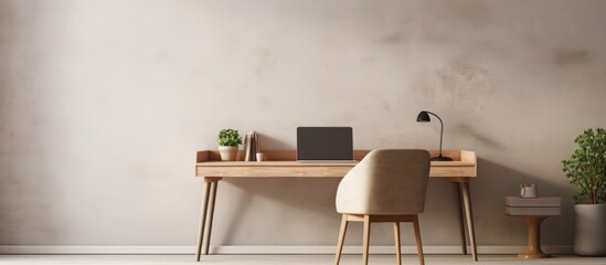 A modern computer sits on a wooden desk next to a chair in a contemporary light-filled room. A potted plant adds a touch of greenery to the minimalist interior.