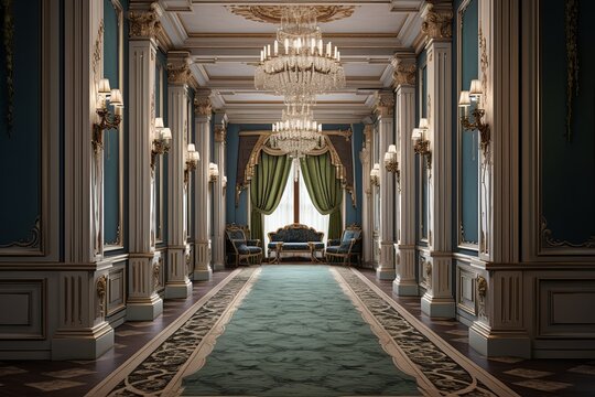 Victorian Velvet: A Heritage Hallway with Elaborate Mouldings and Chandelier