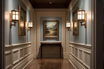 Victorian Style Heritage Hallway with Oil Painting Gallery and Brass Light Fixtures
