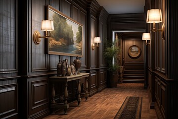 Victorian Heritage Hallway: Dark Wood Paneling and Period-Appropriate Art D�cor