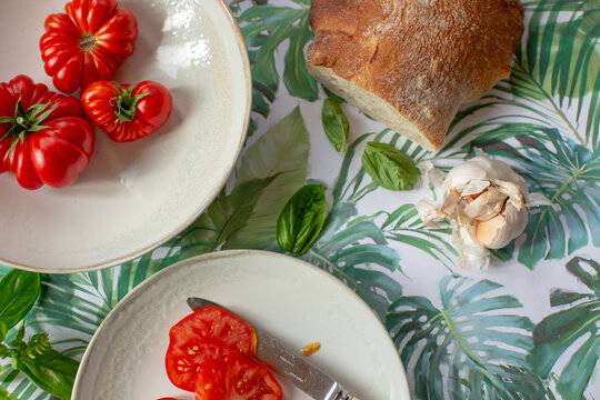 Tomatoes, bread, garlic and basil