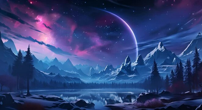 Icy landscape with aurora, magical night sky with copy area