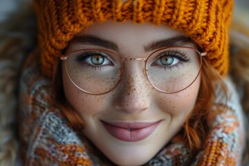 A cheerful woman with bright eyes and a knit hat smiles warmly in a close-up