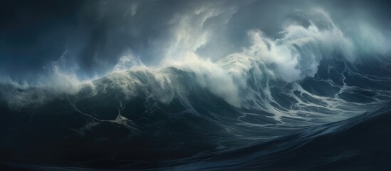 The painting showcases a powerful and turbulent large wave in the ocean, captured from a close and low perspective. The wave is depicted with intense energy and motion, crashing and churning amidst - obrazy, fototapety, plakaty