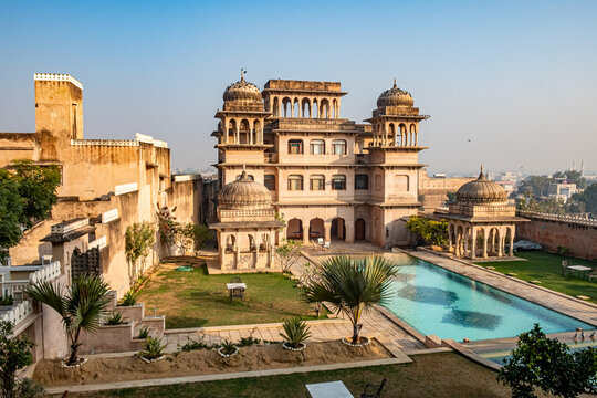 scenic aerial view of an old palace in Mandawa, now serving as luxury hotel, Mandawa,