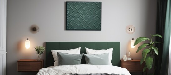 A bedroom featuring a dark green coverlet hanging on a wooden headboard. The bed is neatly made with crisp white sheets. The room is bright with a silver poster visible in the background.