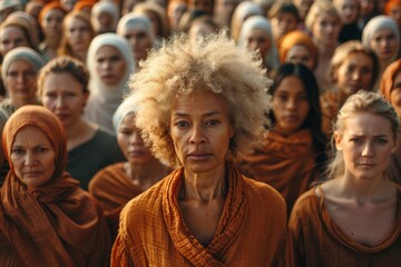 A strong, solemn-looking woman in orange, standing resilient among a sea of uniformed people