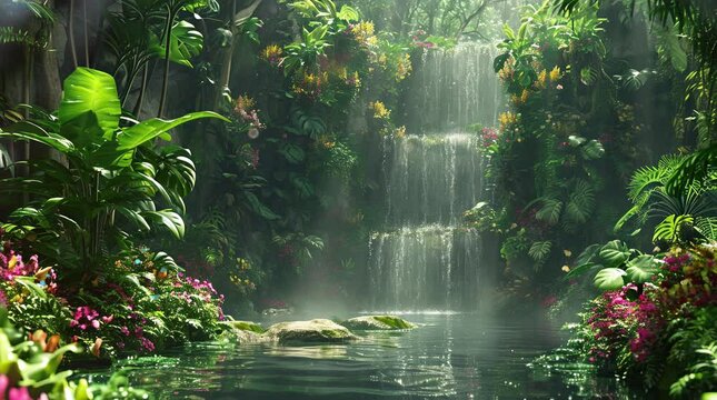 Cascading Magic: Fantasy Waterfall Amidst the Enchanted Tropical Forest Seamless looping 4k time-lapse virtual video animation background. Generated AI