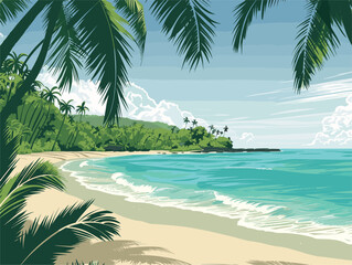 Azure sky, fluid water, palm trees on tropical beach