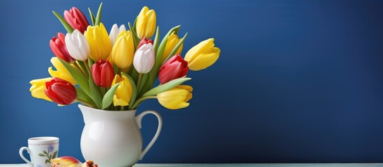 A white vase stands filled with vibrant yellow and red tulips, creating a striking contrast against the grey table and yellow wall in the background.