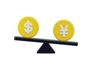 yen and dollar symbol on balance scale icon, currency comparison financial icon 3d render