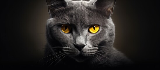 A majestic gray cat with intense yellow eyes stares directly at the camera, exuding a sense of confidence and curiosity. The felines fur is a sleek shade of gray, contrasting beautifully with its