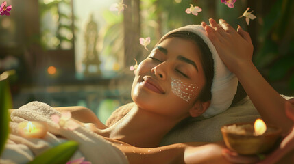 A girl enjoying a relaxing massage in a beauty salon - obrazy, fototapety, plakaty
