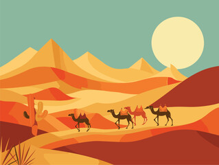 Fototapeta na wymiar Camels trekking through the desert landscape under the vast sky