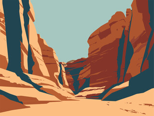a painting of a canyon with trees in the background - obrazy, fototapety, plakaty