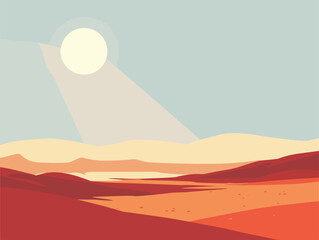 a cartoon illustration of a desert landscape with the sun shining through the mountains