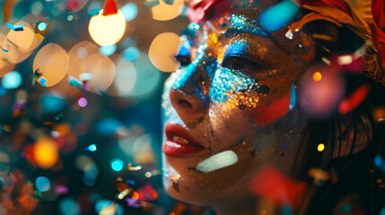 carnival mask on the background, Carnival Party Venetian Mask With Abstract Defocused Bokeh Lights And Shiny, Woman in typical carnival costume in the streets celebrating the festival party concept