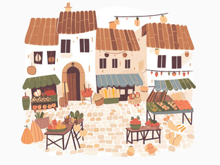 A cartoon depiction of a vegetable market in a quaint small town