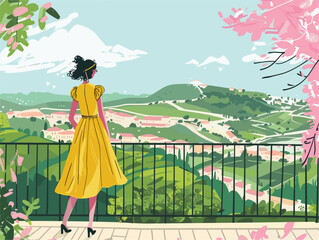 a woman in a yellow dress is standing on a balcony overlooking a city