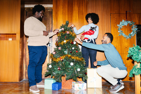Cheerful best friends decorating Christmas tree Ugc