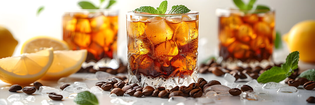 A 3D animated cartoon render of an espresso tonic drink with lemon slice and mint leaves.