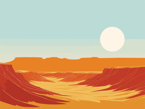 Desert landscape painting with large sun, orange sky, and distant horizon