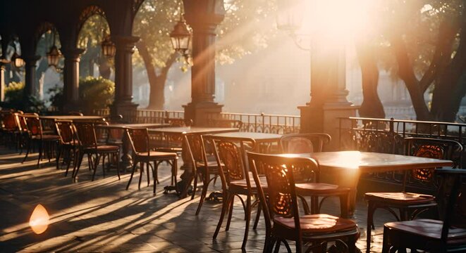 Empty cafe terrace, early morning with tables for copy