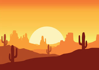 Panoramic view of the desert in America. Vector illustration in flat style.