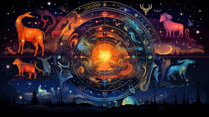 Cosmic Ruminations: A Tapestry of Zodiac Symbols - obrazy, fototapety, plakaty