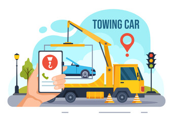 Fototapeta na wymiar Auto Towing Car Vector Illustration Using a Truck with Roadside Assistance Service for Various Vehicles in Flat Cartoon Background Design