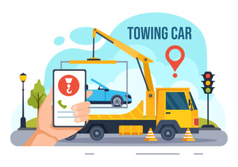 Fototapeta premium Auto Towing Car Vector Illustration Using a Truck with Roadside Assistance Service for Various Vehicles in Flat Cartoon Background Design