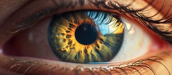 A detailed view of a human eye showcasing a yellow iris, captured with macro photography. The image focuses on the iris, the colored part of the eye, revealing intricate details and textures.