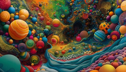 Fantasy Landscape of Spherical Shapes in a Surrealistic Colorful Setting