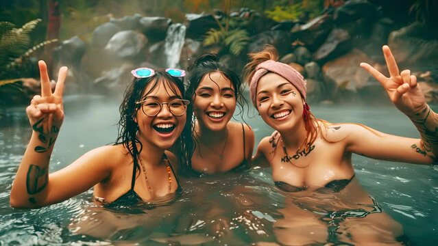 Three Gen-z Asian young women smiling and making peace signs in a hot spring