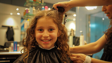 A young girl getting her hair styled in a beauty salon