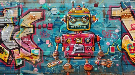 Retro-futuristic graffiti featuring robots and cybernetic elements in an industrial area.