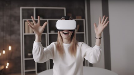 Happy woman with VR glasses of virtual reality. Future technology concept.